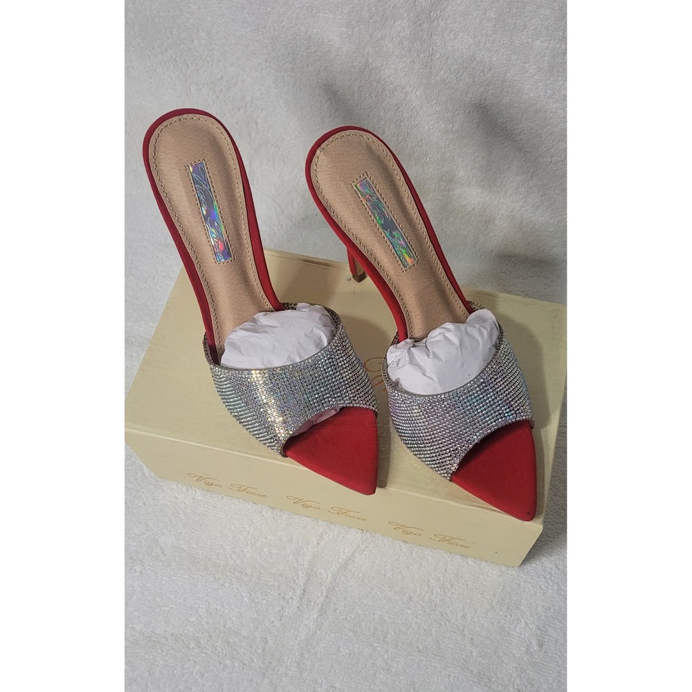Vigo Fiore Red Rhinestone Stiletto Mules Pointed Toe Slip On Heels 4.5 Inch Heel